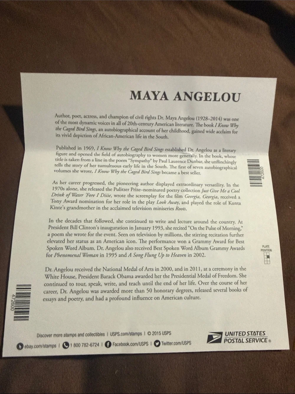 Maya‎ Angelou Commemorative Stamp Sheet - Red